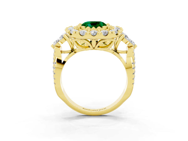 Yellow gold Cushion Cut Emerald Halo Ring with Pavé Band and Four-Prong Setting