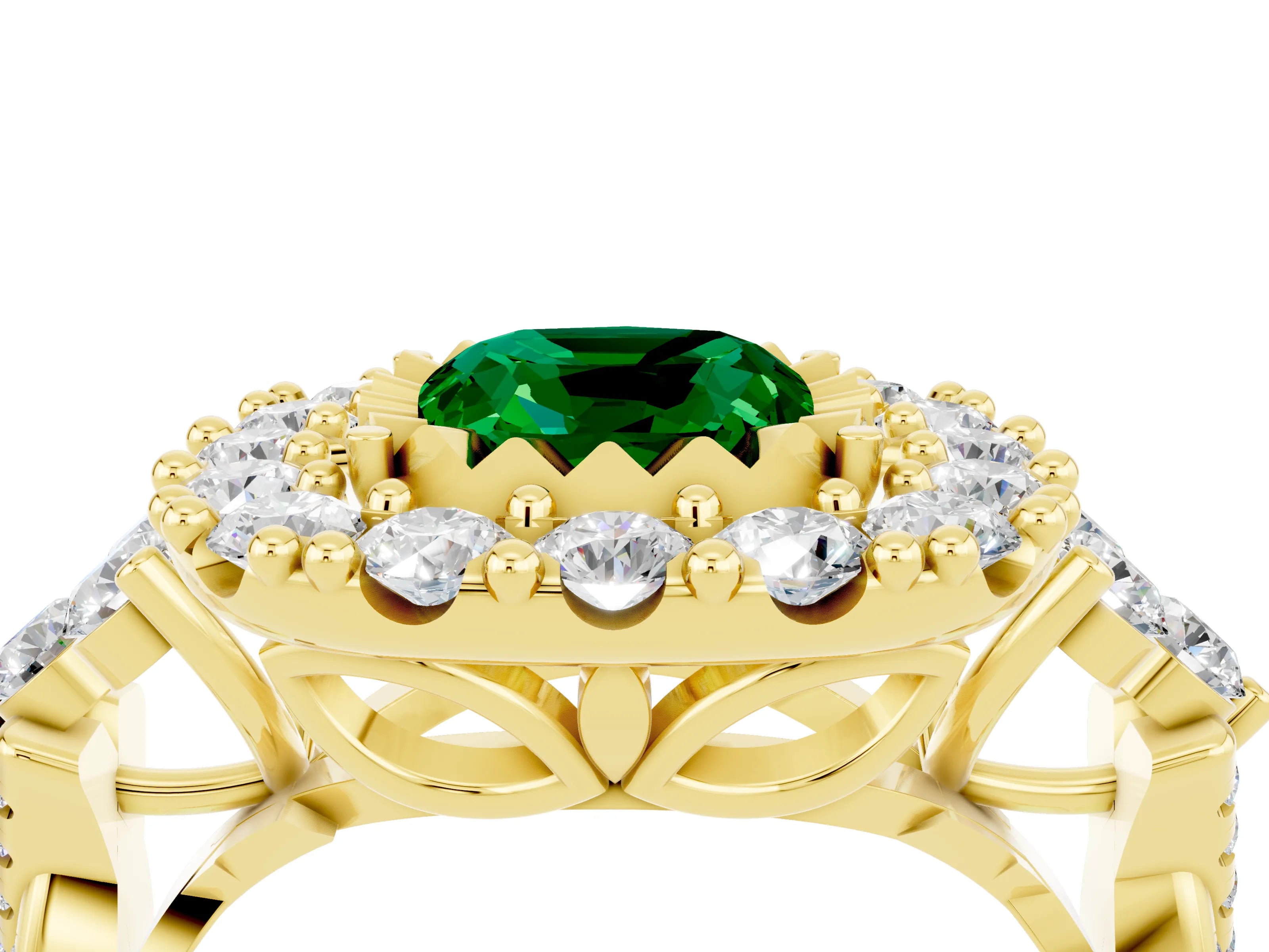 Yellow gold Cushion Cut Emerald Halo Ring with Pavé Band and Four-Prong Setting_16