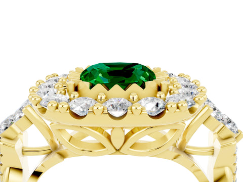 Yellow gold Cushion Cut Emerald Halo Ring with Pavé Band and Four-Prong Setting_16