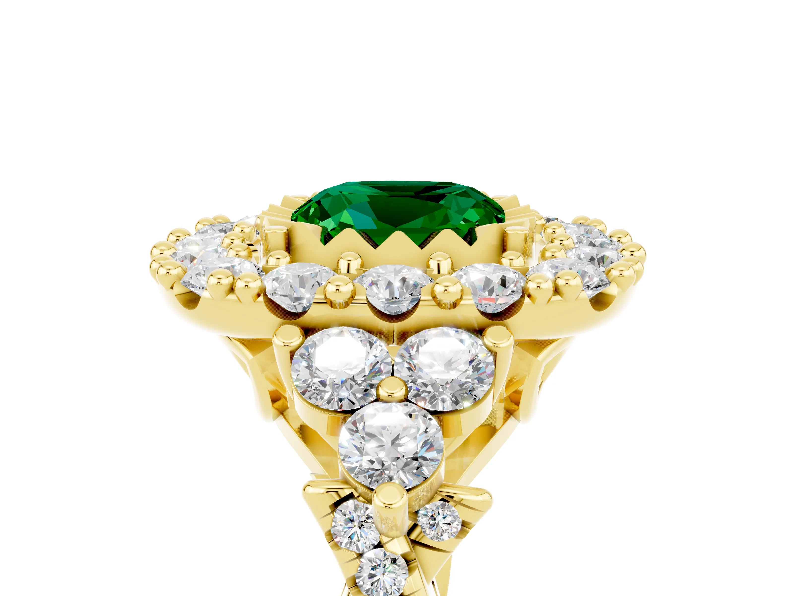 Yellow gold Cushion Cut Emerald Halo Ring with Pavé Band and Four-Prong Setting_17