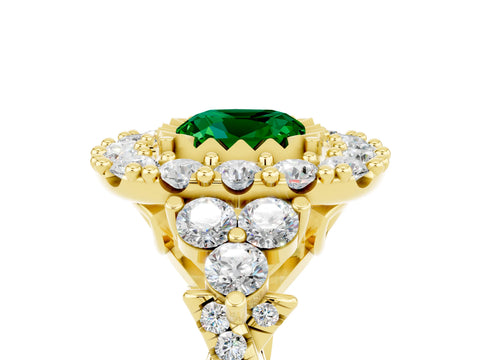 Yellow gold Cushion Cut Emerald Halo Ring with Pavé Band and Four-Prong Setting_17