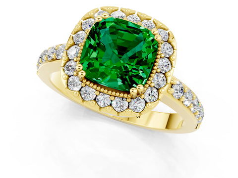 Yellow gold Cushion Cut Emerald Halo Ring with Pavé Band and Prong Setting_1
