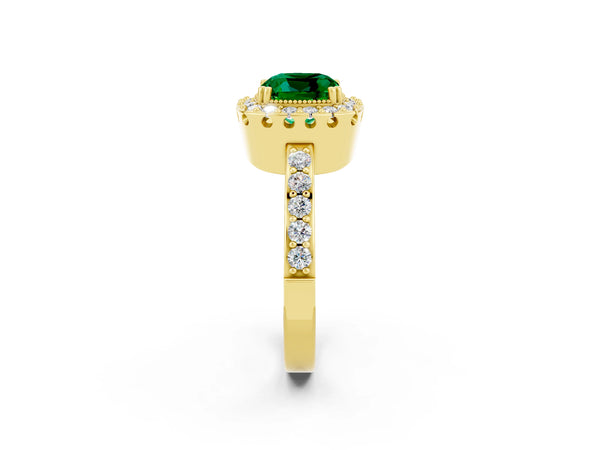 Yellow Gold Cushion Cut Lab-Grown Emerald Pierced Gallery Halo Engagement Ring