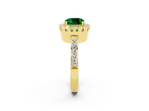 Yellow gold Cushion Cut Emerald Halo Ring with Pavé Band and Prong Setting_2