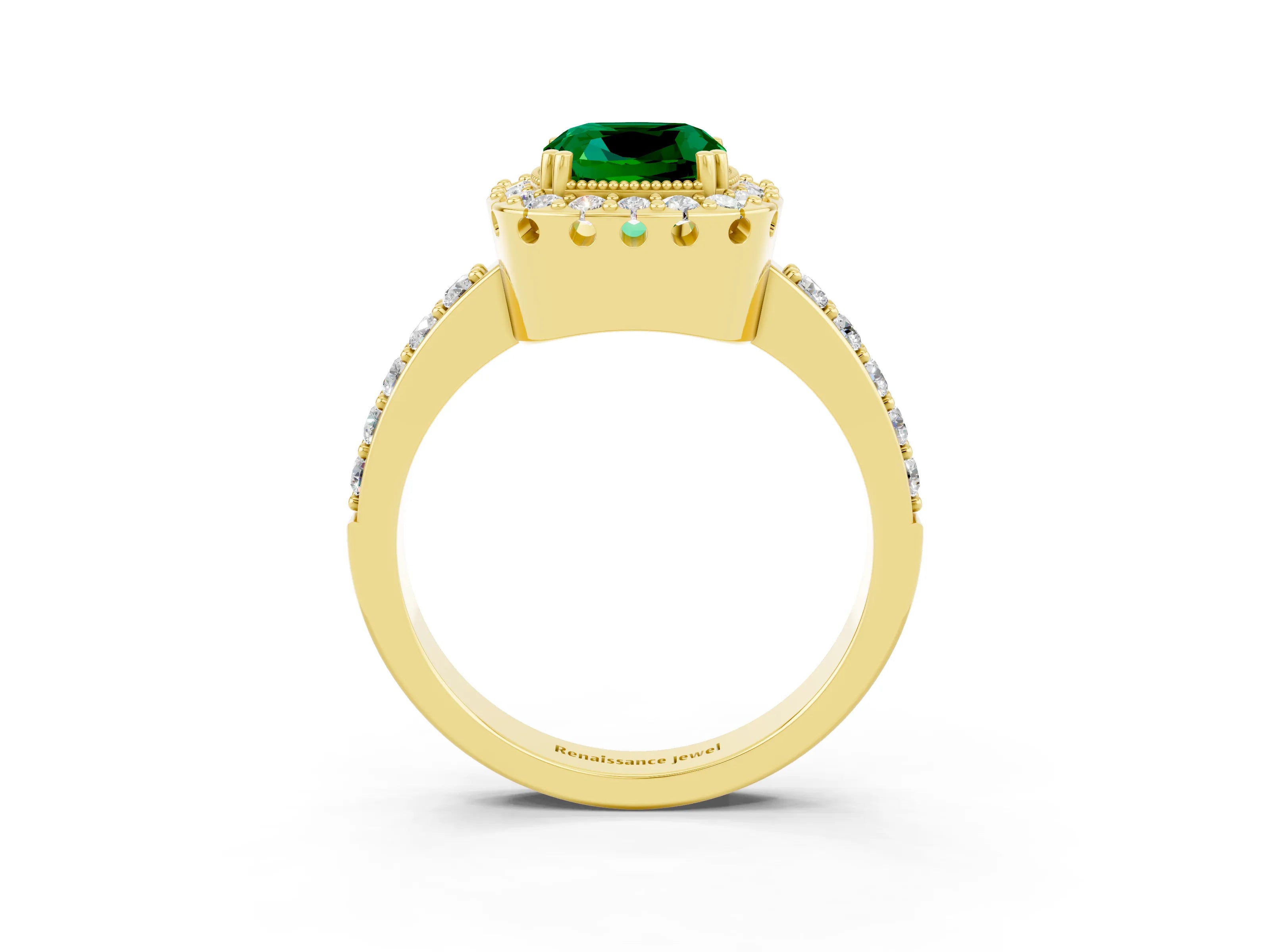Yellow gold Cushion Cut Emerald Halo Ring with Pavé Band and Prong Setting_3