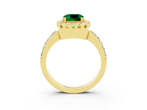 Yellow gold Cushion Cut Emerald Halo Ring with Pavé Band and Prong Setting_3