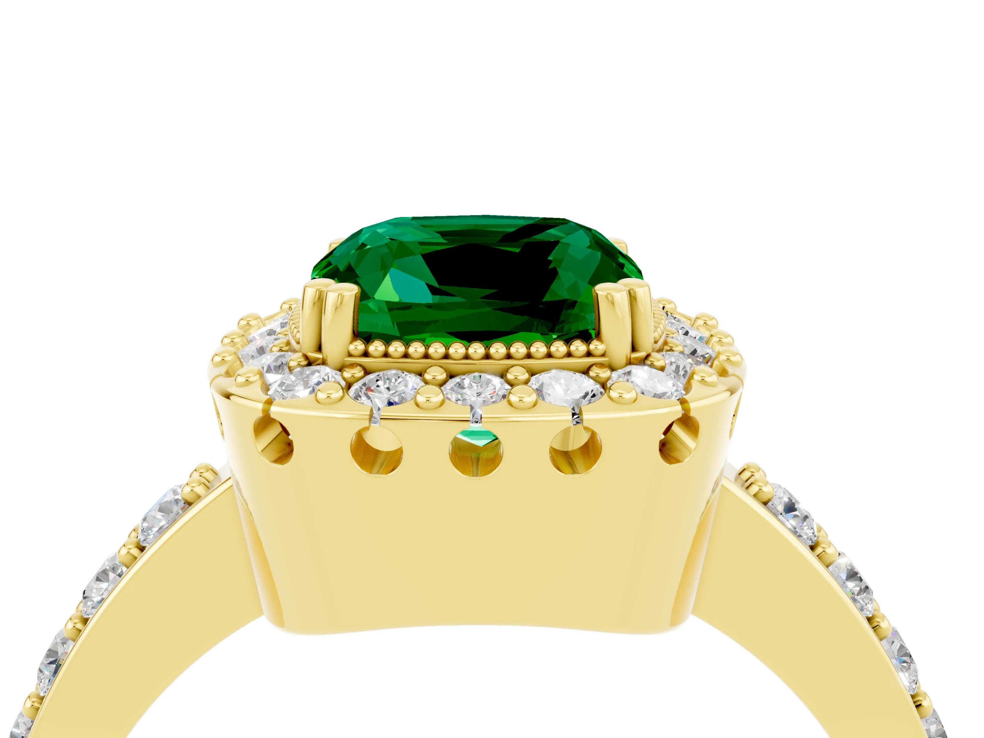 Yellow gold Cushion Cut Emerald Halo Ring with Pavé Band and Prong Setting_4