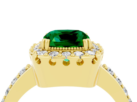 Yellow gold Cushion Cut Emerald Halo Ring with Pavé Band and Prong Setting_4
