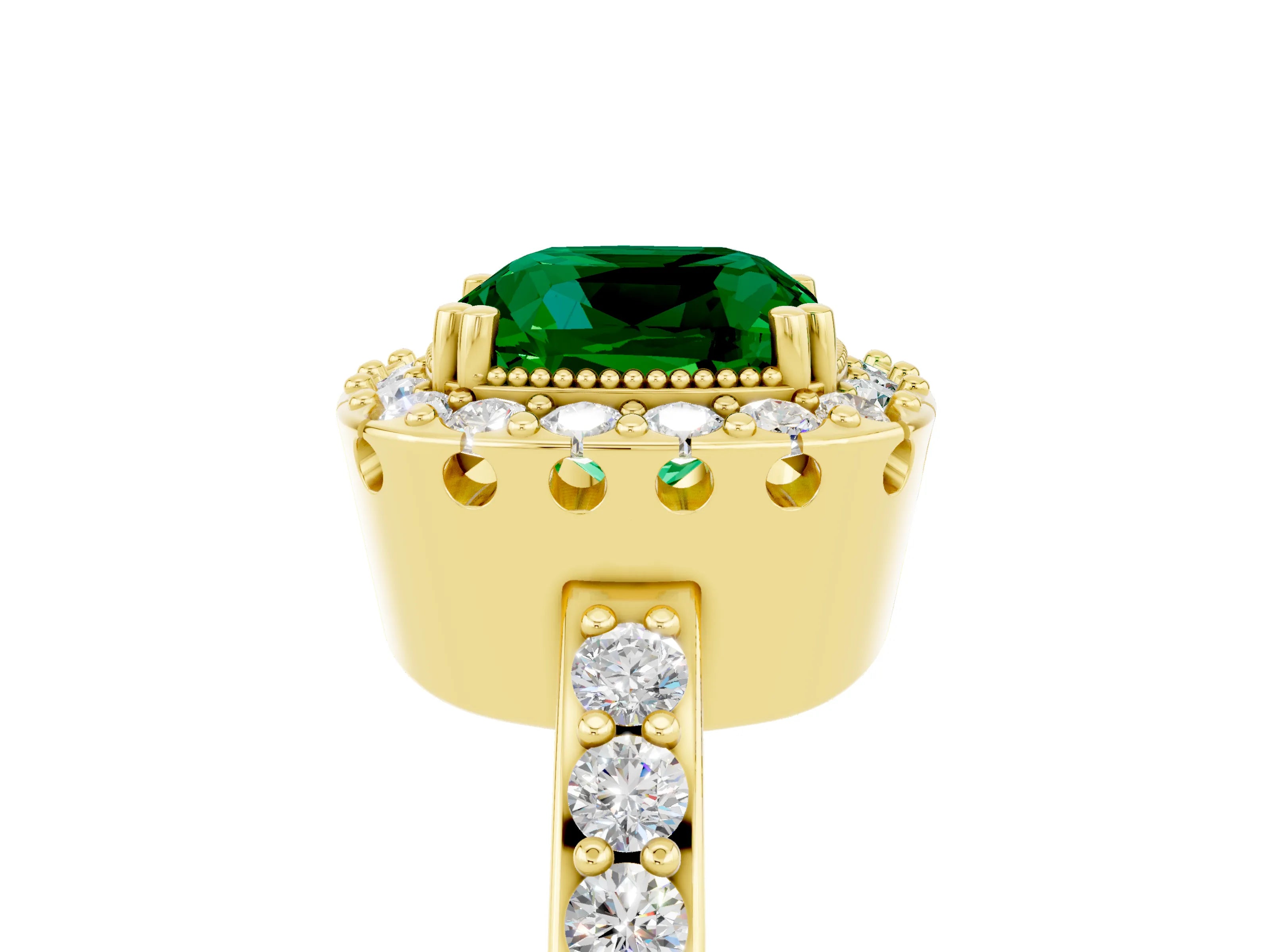 Yellow gold Cushion Cut Emerald Halo Ring with Pavé Band and Prong Setting_5