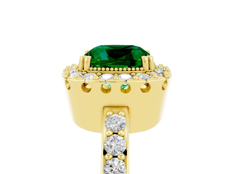 Yellow gold Cushion Cut Emerald Halo Ring with Pavé Band and Prong Setting_5