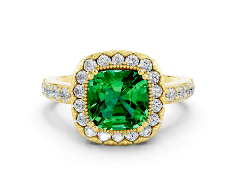 Yellow gold Cushion Cut Emerald Halo Ring with Pavé Band and Prong Setting