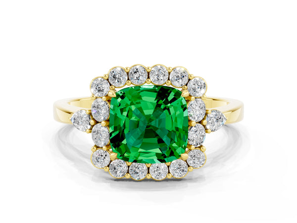 Yellow gold Cushion Cut Emerald Halo Ring with Pear Side Stones and Prong Setting