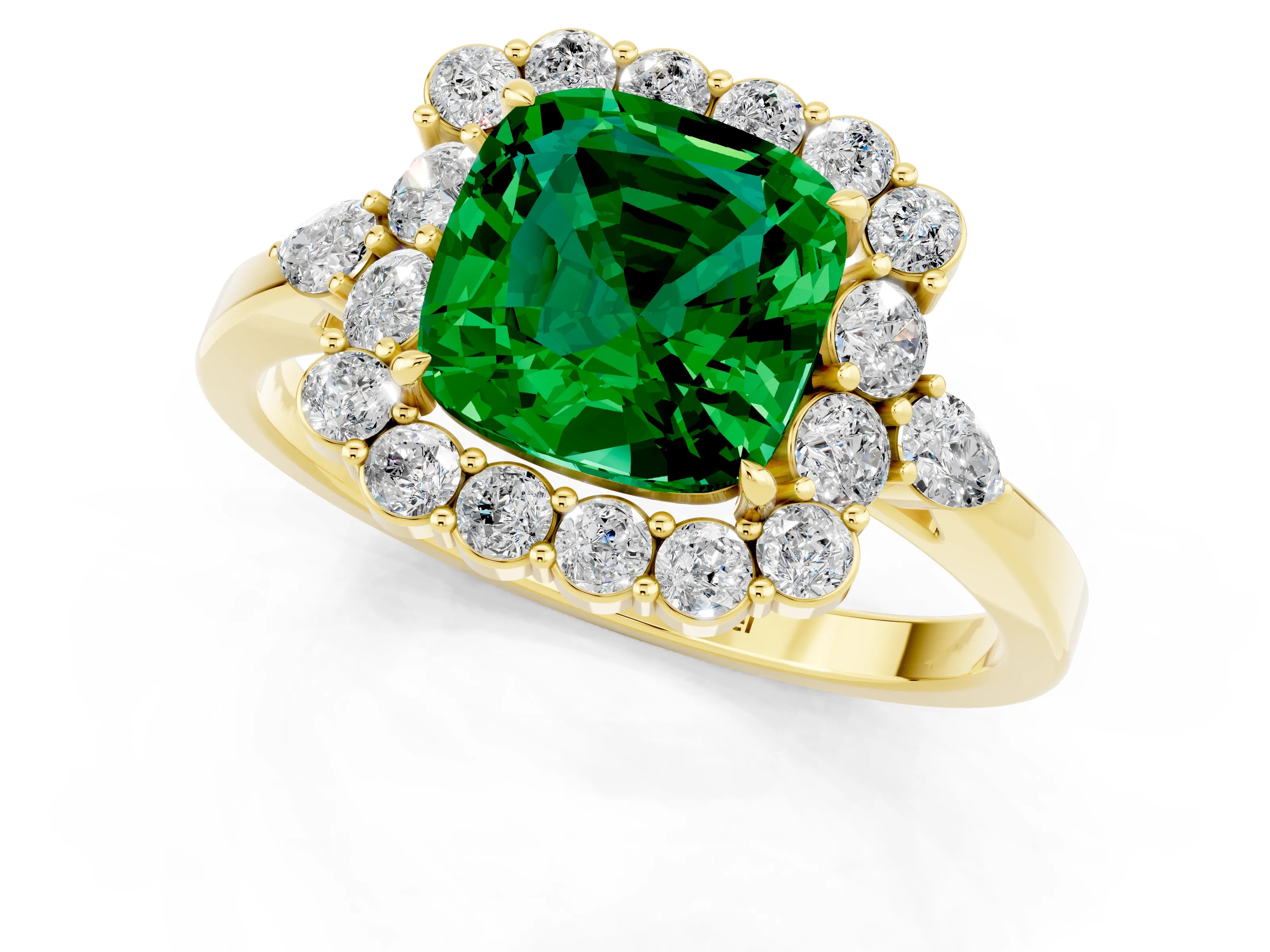 Yellow gold Cushion Cut Emerald Halo Ring with Pear Side Stones and Prong Setting_13