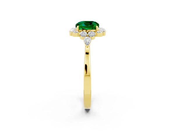 Yellow gold Cushion Cut Emerald Halo Ring with Pear Side Stones and Prong Setting