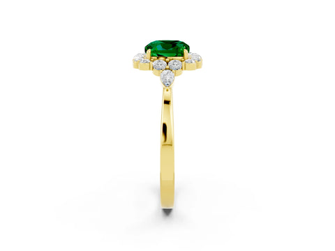 Yellow gold Cushion Cut Emerald Halo Ring with Pear Side Stones and Prong Setting_14