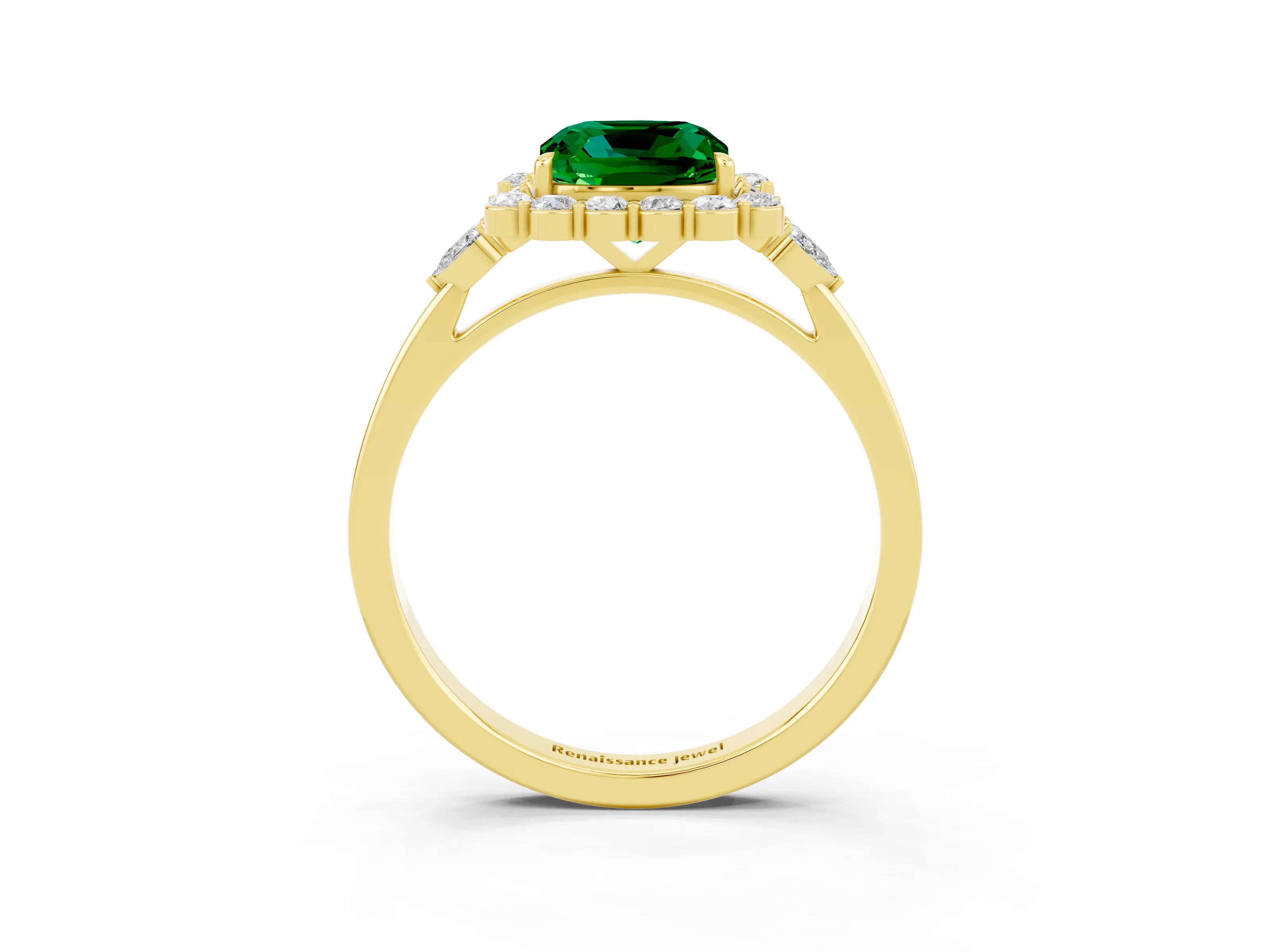 Yellow gold Cushion Cut Emerald Halo Ring with Pear Side Stones and Prong Setting_15