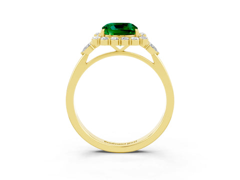 Yellow gold Cushion Cut Emerald Halo Ring with Pear Side Stones and Prong Setting_15