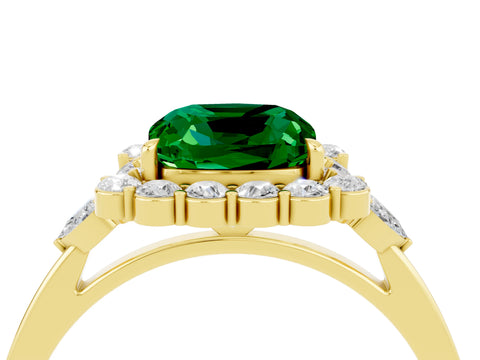 Yellow gold Cushion Cut Emerald Halo Ring with Pear Side Stones and Prong Setting_16