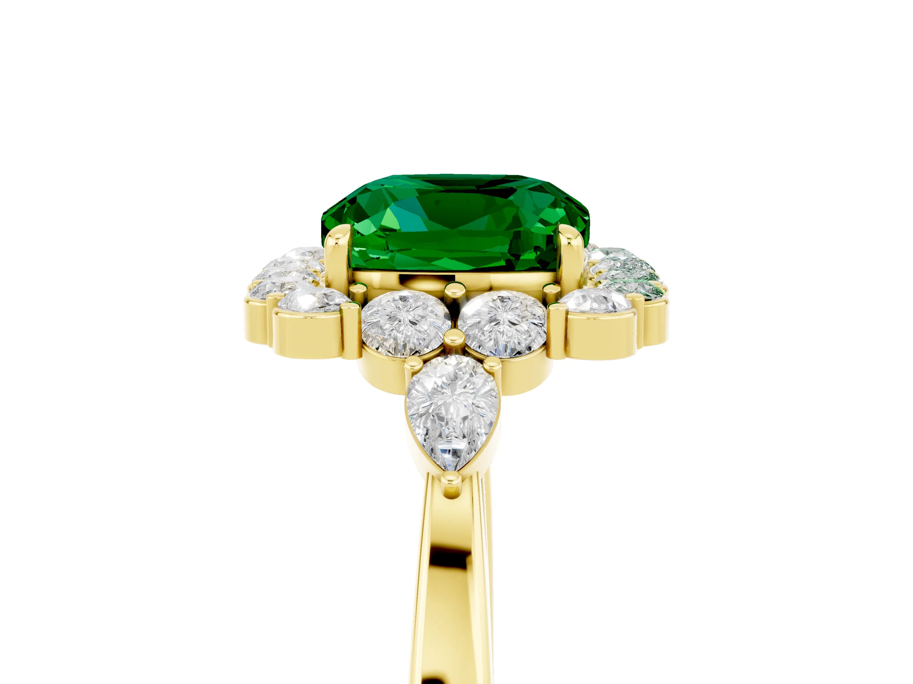 Yellow gold Cushion Cut Emerald Halo Ring with Pear Side Stones and Prong Setting_17