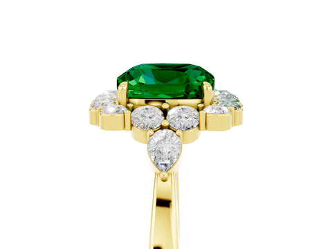 Yellow gold Cushion Cut Emerald Halo Ring with Pear Side Stones and Prong Setting_17
