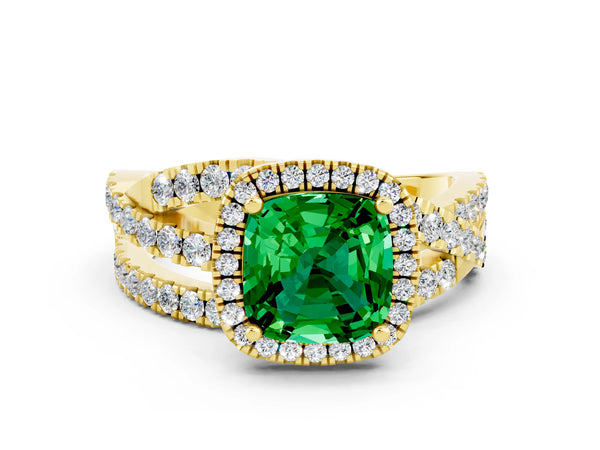 Yellow gold Cushion Cut Emerald Halo Ring with Round Split Shank and Prong Setting