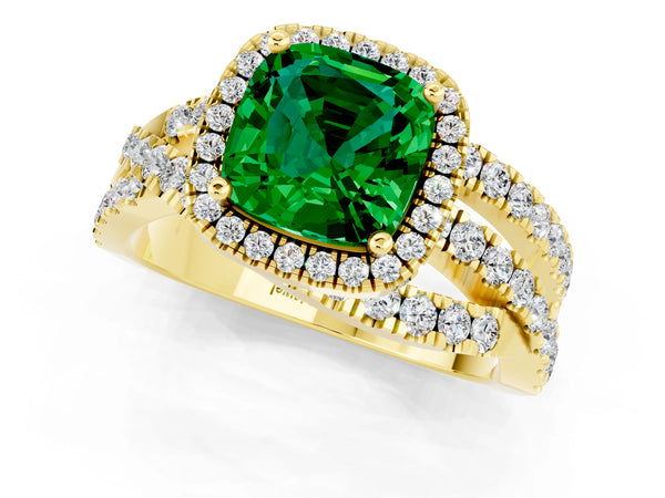 Yellow gold Cushion Cut Emerald Halo Ring with Round Split Shank and Prong Setting