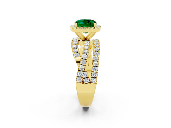 Yellow gold Cushion Cut Emerald Halo Ring with Round Split Shank and Prong Setting