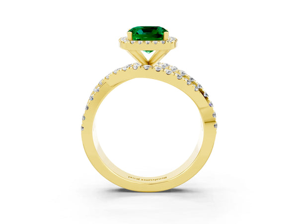 Yellow gold Cushion Cut Emerald Halo Ring with Round Split Shank and Prong Setting