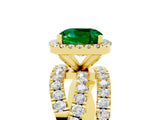 Yellow gold Cushion Cut Emerald Halo Ring with Round Split Shank and Prong Setting_53
