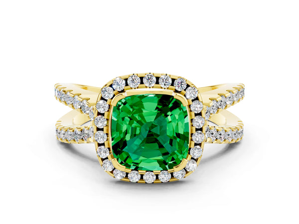 Yellow gold Cushion Cut Emerald Halo Ring with Split Shank Pavé Band and Prong Setting