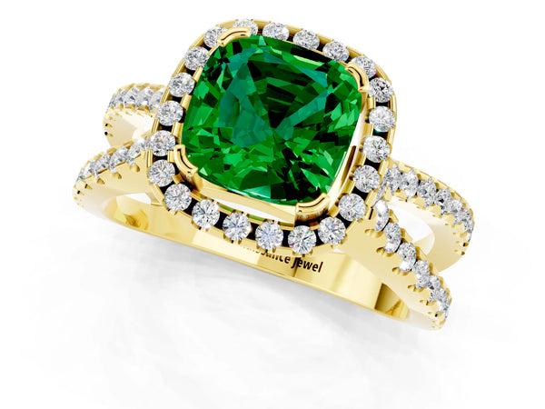 Yellow gold Cushion Cut Emerald Halo Ring with Split Shank Pavé Band and Prong Setting