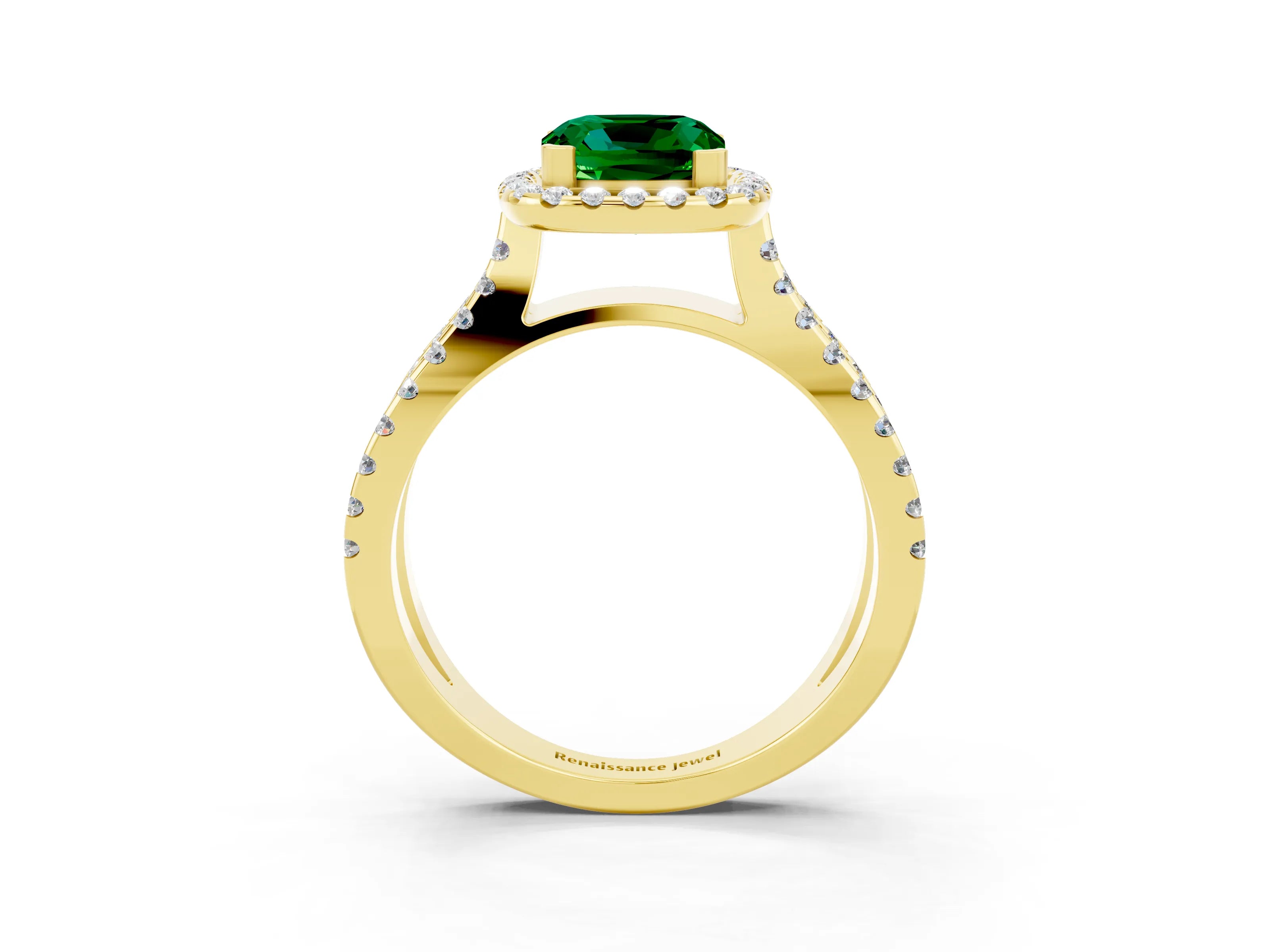 Yellow gold Cushion Cut Emerald Halo Ring with Split Shank Pavé Band and Prong Setting_3