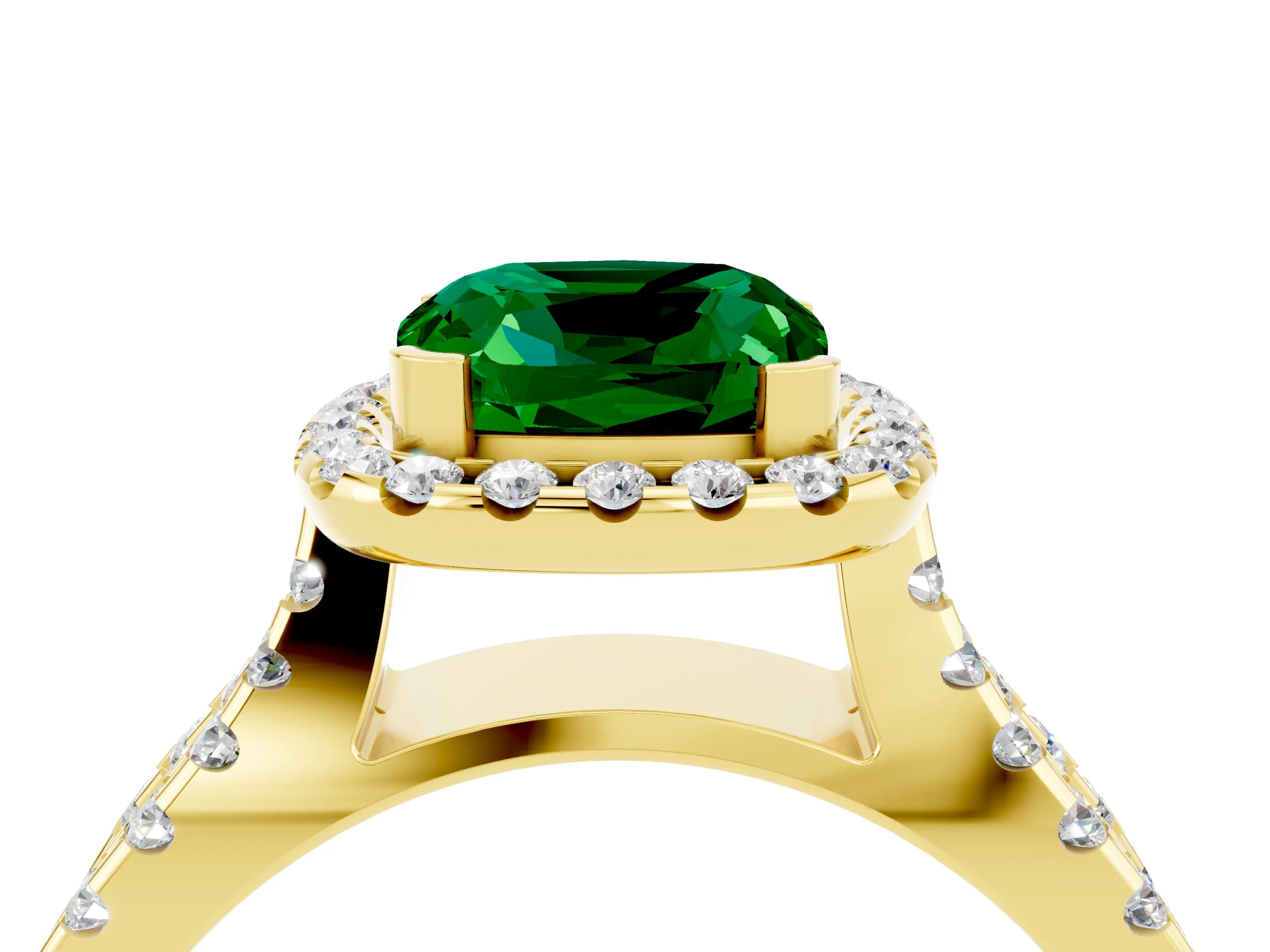 Yellow gold Cushion Cut Emerald Halo Ring with Split Shank Pavé Band and Prong Setting_4