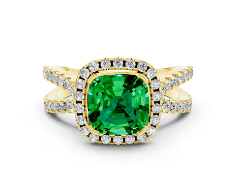 Yellow gold Cushion Cut Emerald Halo Ring with Split Shank Pavé Band and Prong Setting