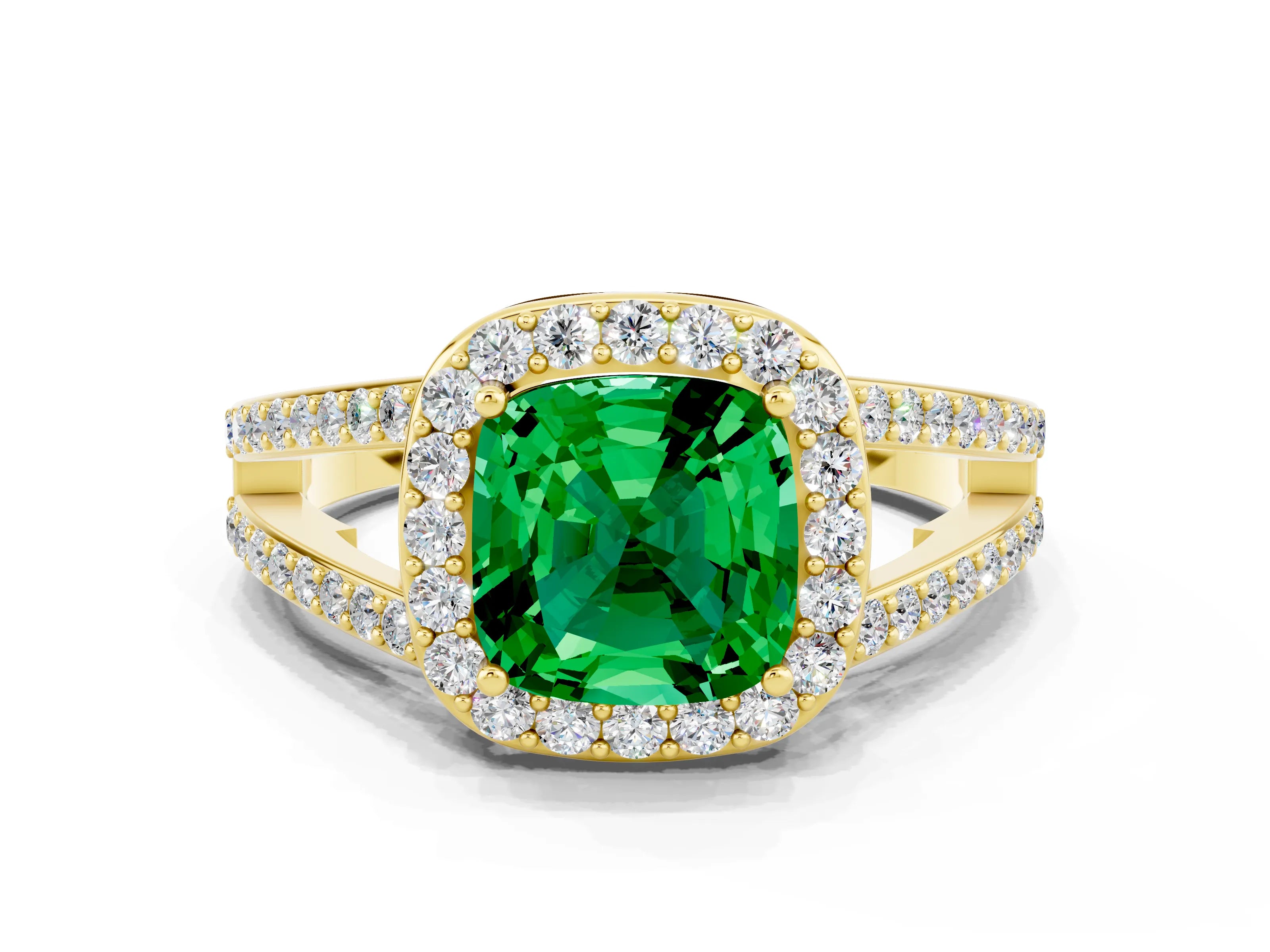 Yellow gold Cushion Cut Emerald Halo Ring with Split Shank U-Prong Band and Four-Prong Setting