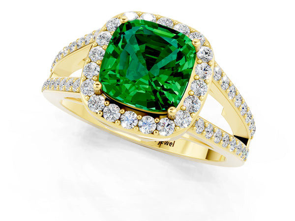 Yellow gold Cushion Cut Emerald Halo Ring with Split Shank U-Prong Band and Four-Prong Setting