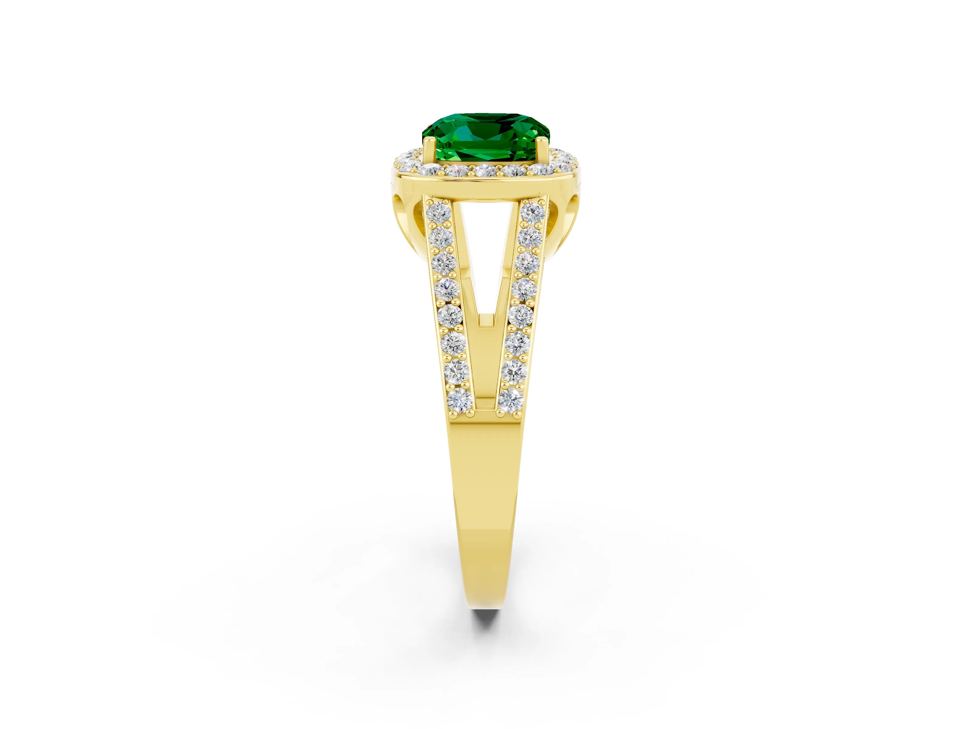 Yellow gold Cushion Cut Emerald Halo Ring with Split Shank U-Prong Band and Four-Prong Setting_2