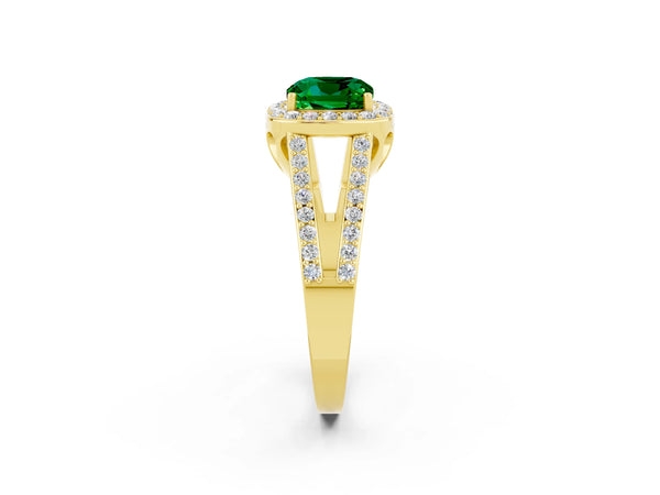 Yellow gold Cushion Cut Emerald Halo Ring with Split Shank U-Prong Band and Four-Prong Setting