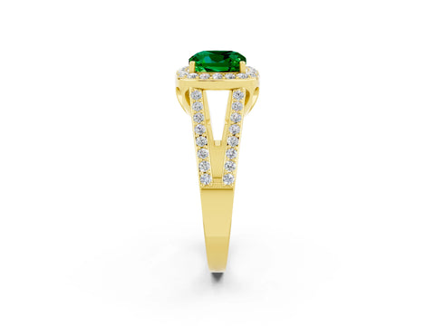 Yellow gold Cushion Cut Emerald Halo Ring with Split Shank U-Prong Band and Four-Prong Setting_2