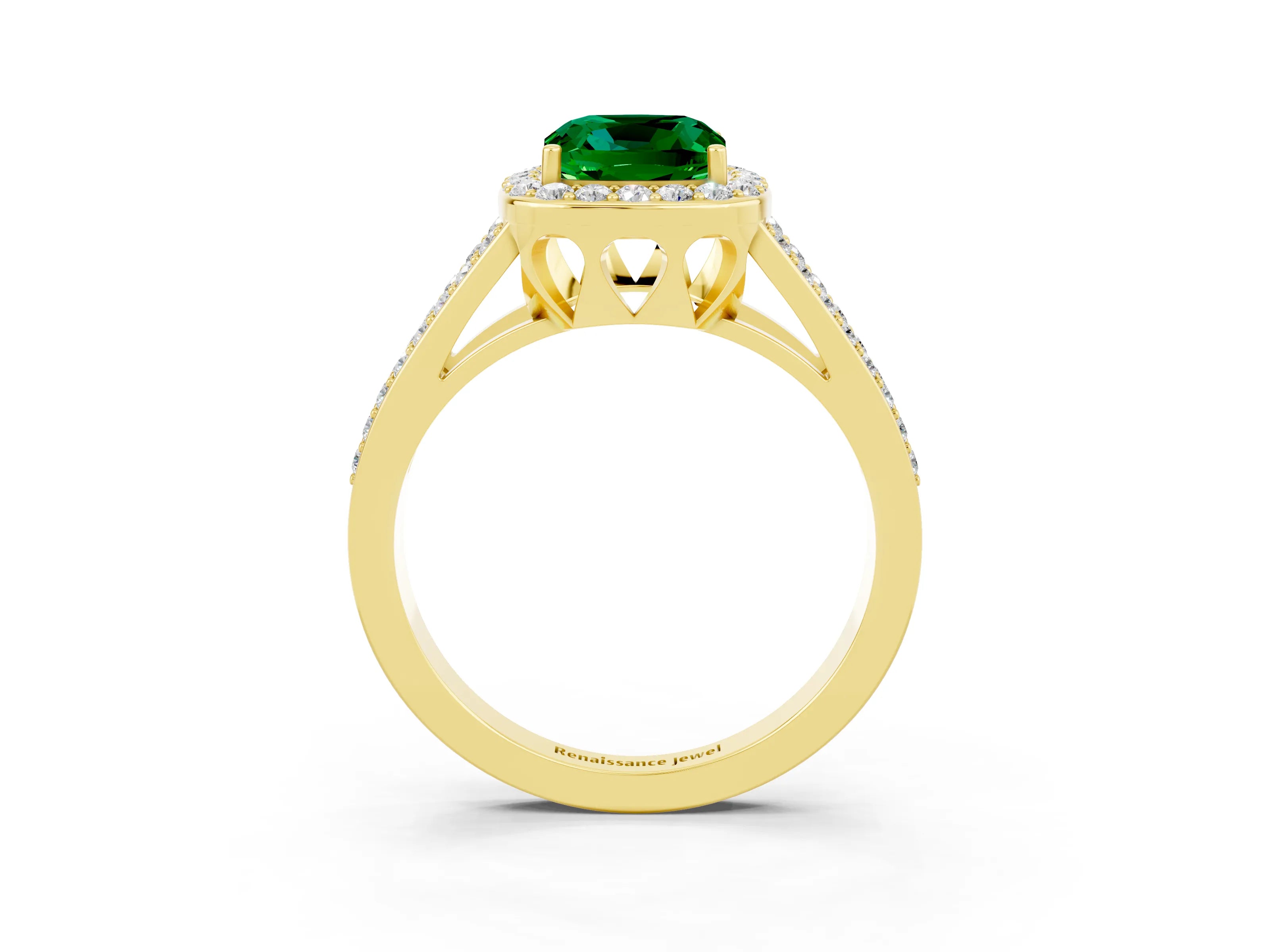 Yellow gold Cushion Cut Emerald Halo Ring with Split Shank U-Prong Band and Four-Prong Setting_3
