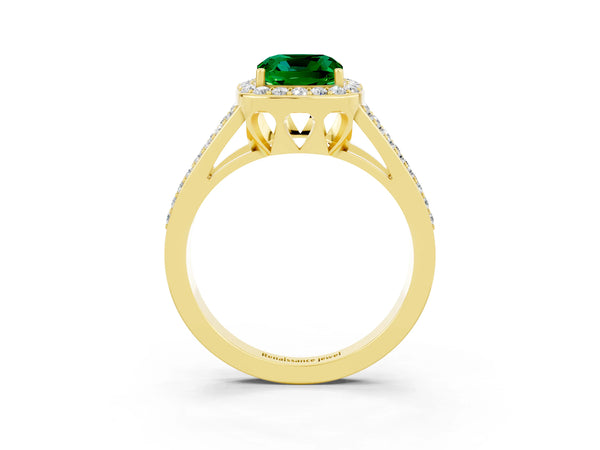 Yellow gold Cushion Cut Emerald Halo Ring with Split Shank U-Prong Band and Four-Prong Setting