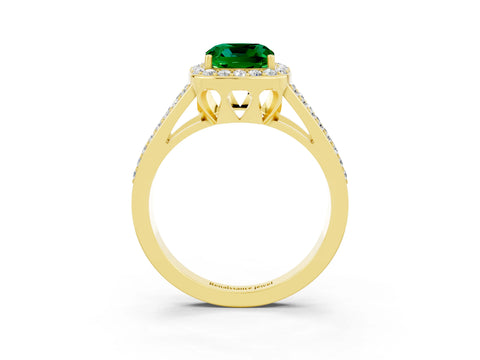 Yellow gold Cushion Cut Emerald Halo Ring with Split Shank U-Prong Band and Four-Prong Setting_3