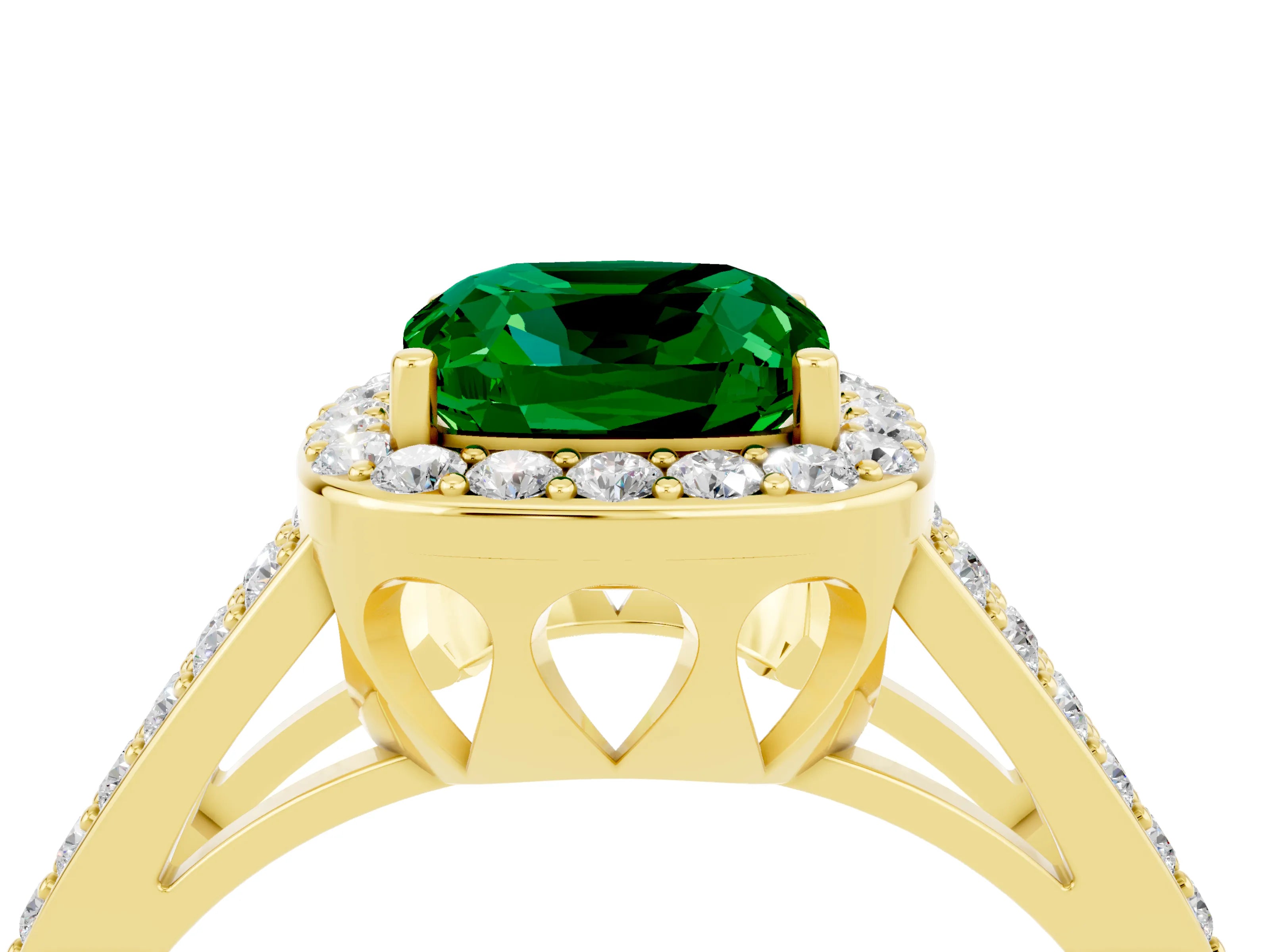 Yellow gold Cushion Cut Emerald Halo Ring with Split Shank U-Prong Band and Four-Prong Setting_4