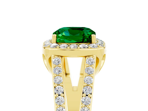 Yellow gold Cushion Cut Emerald Halo Ring with Split Shank U-Prong Band and Four-Prong Setting_5
