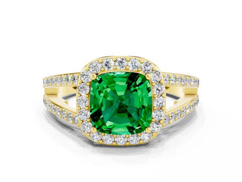 Yellow gold Cushion Cut Emerald Halo Ring with Split Shank U-Prong Band and Four-Prong Setting