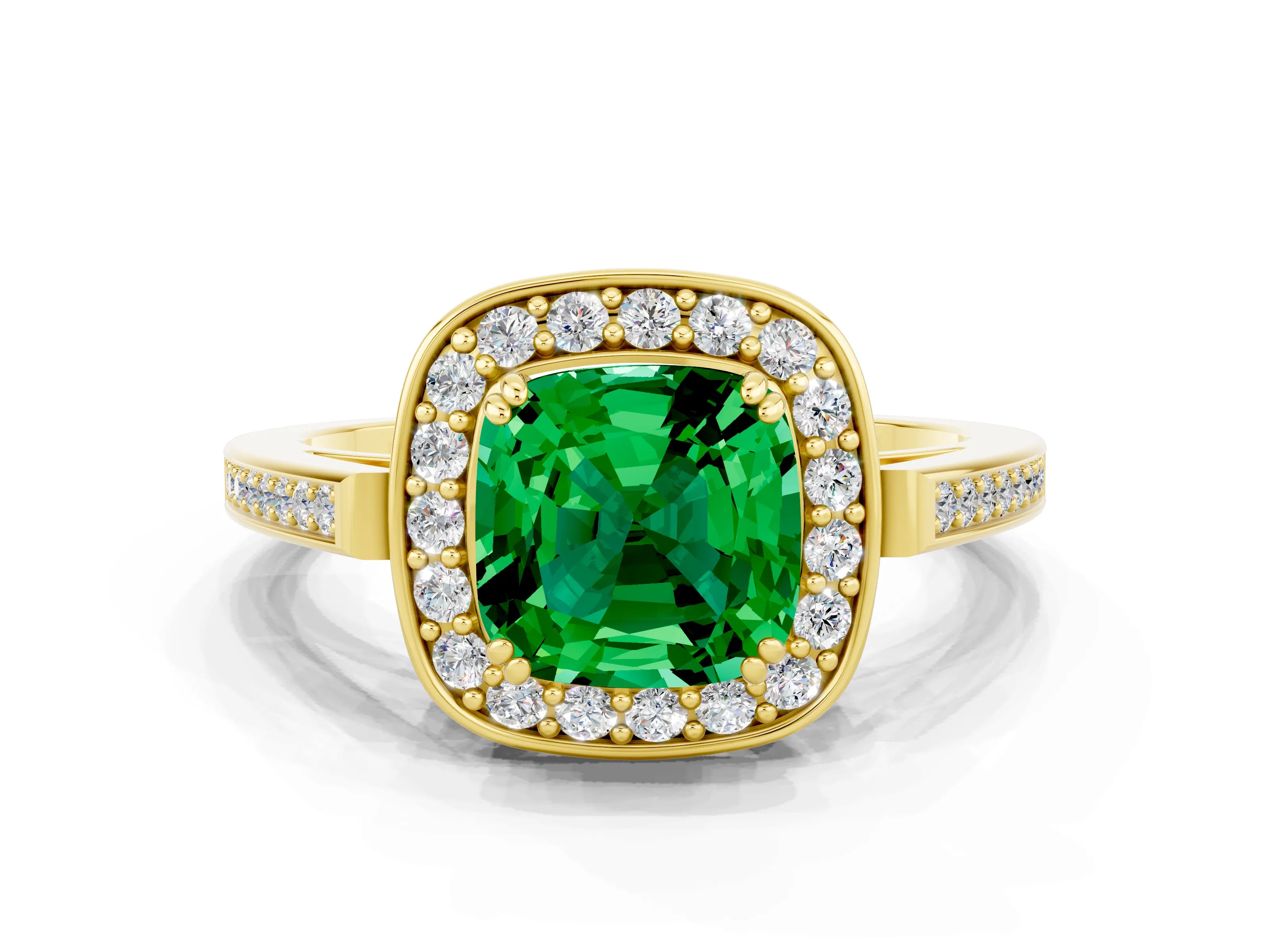 Yellow gold Cushion Cut Emerald Halo Ring with Split Shank and Four-Prong Setting