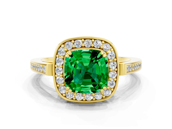 Yellow gold Cushion Cut Emerald Halo Ring with Split Shank and Four-Prong Setting