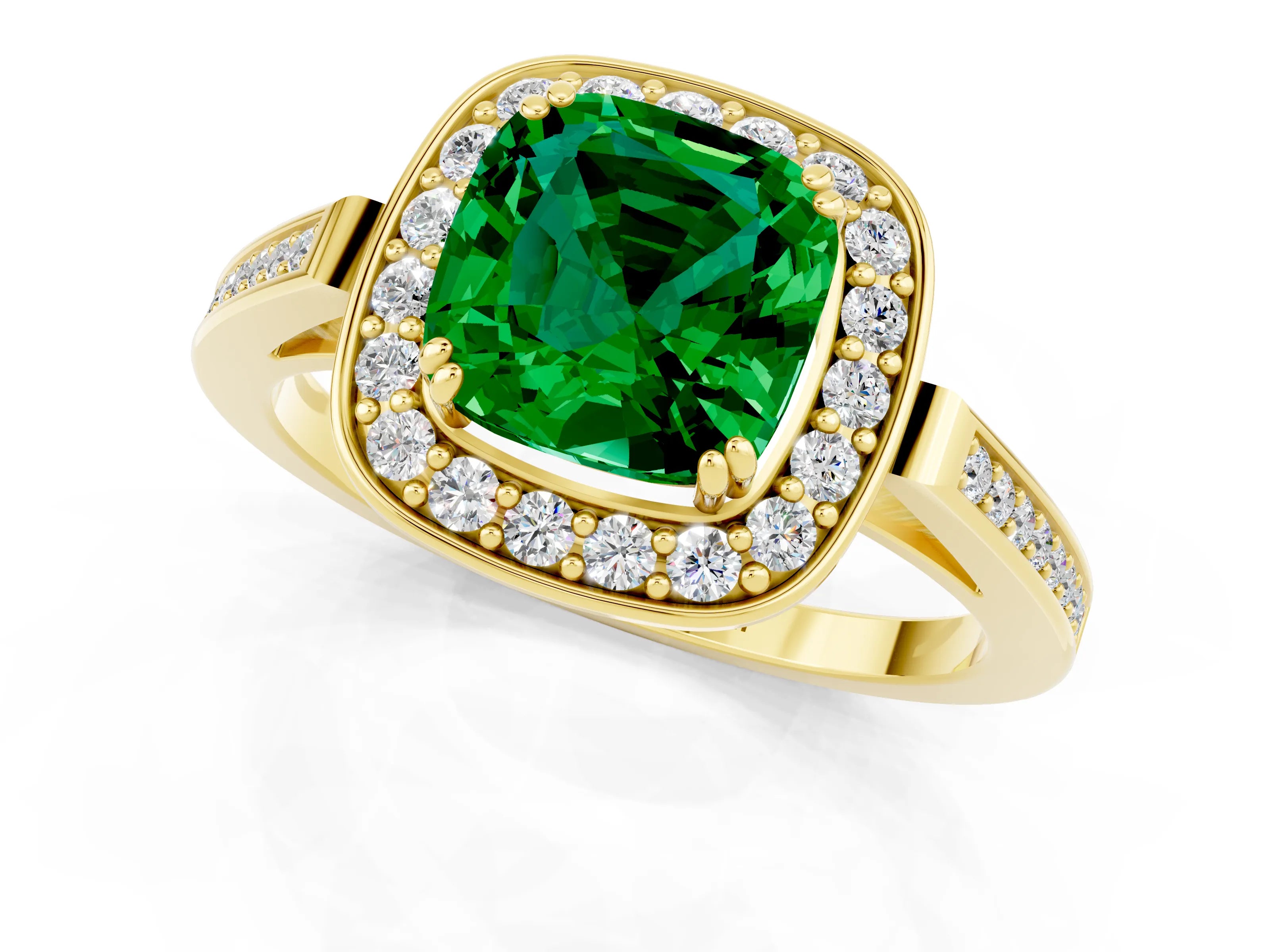 Yellow gold Cushion Cut Emerald Halo Ring with Split Shank and Four-Prong Setting_1