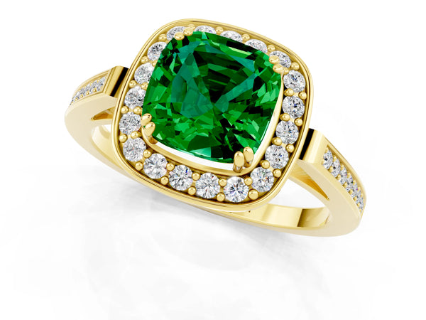 Yellow gold Cushion Cut Emerald Halo Ring with Split Shank and Four-Prong Setting