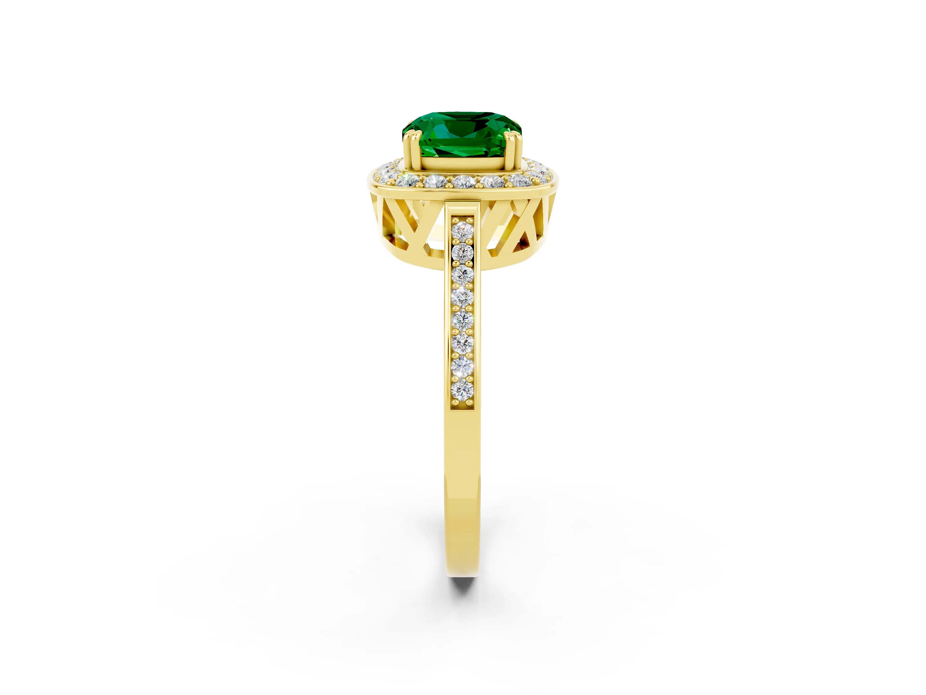 Yellow gold Cushion Cut Emerald Halo Ring with Split Shank and Four-Prong Setting_2